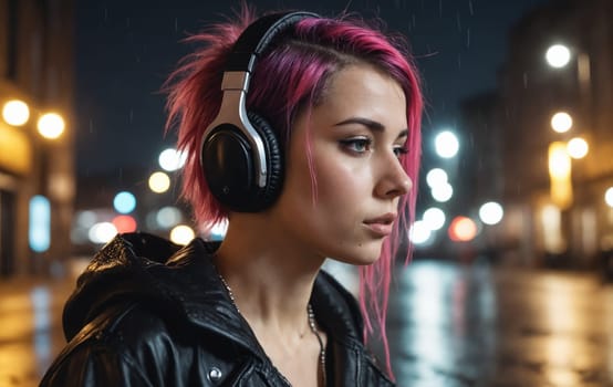 A woman with pink hair is wearing headphones and a leather jacket on a city street at night, enjoying her audio equipment as she walks through the urban landscape