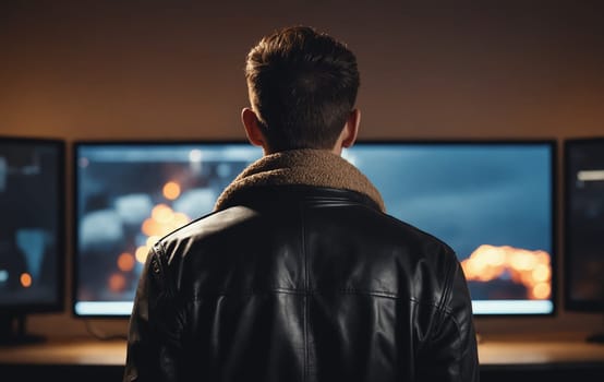 A man in a leather jacket is making gestures while looking at a display device in a room filled with multimedia entertainment. The television program is an art event on the television set