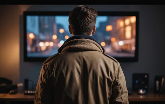 A man in a leather jacket is making gestures while looking at a display device in a room filled with multimedia entertainment. The television program is an art event on the television set