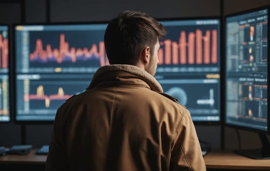 A man is enjoying a recreation event in front of three display devices. The multimedia entertainment on the computer monitors is a fun and artistic font display