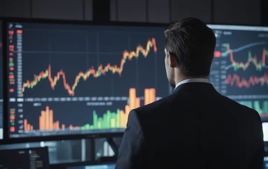 Rear view of businessman looking at monitor with trading charts in office.
