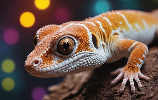 A vibrant Iguania lizard, a terrestrial animal and a scaled reptile, is perched on a rock in this macro photography shot. The colorful organism resembles a chameleon