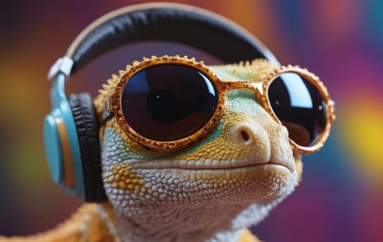 A lizard is sporting goggles and sunglasses for vision care and underwater activities, along with audio headphones for style and personal protective equipment