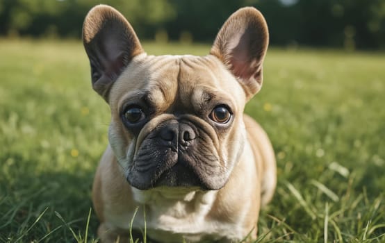 A Fawn French Bulldog, a small domestic dog breed and companion dog, is lying in the grass with whiskers twitching and ears perked, looking directly at the camera with its adorable snout