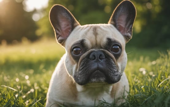 A fawn French Bulldog, a toy dog breed and carnivore, is lying in the grass, gazing at the camera with its wrinkled face, whiskers, and adorable snout