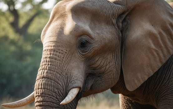 A closeup of an African elephants face with its ivory tusks and trunk snout in focus, set against a backdrop of trees in a natural landscape