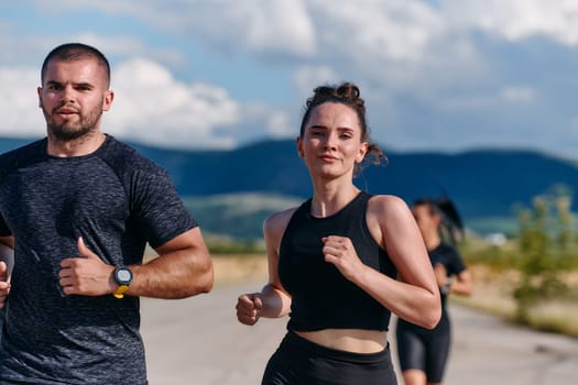 A professional athletic team as they train rigorously, running towards peak performance in preparation for an upcoming marathon.