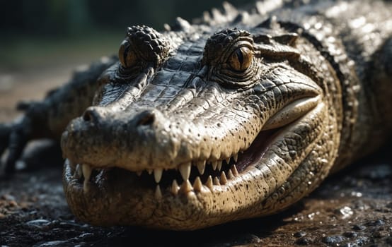 A closeup of a Nile crocodile laying on the ground with its mouth open, showcasing its powerful jaw, sharp teeth, and menacing gaze