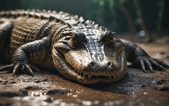 A closeup of a Nile crocodile laying on the ground with its mouth open, showcasing its powerful jaw, sharp teeth, and menacing gaze