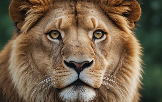 A close up of a lions face with its whiskers and mane in focus, staring directly at the camera. The majestic feline belongs to the Felidae family, known for being powerful carnivorous big cats