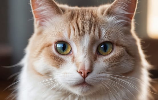 Closeup of a Felidae cat with blue eyes and white fur staring at the camera. Its whiskers twitch as it gazes out the window, showcasing its carnivorous nature