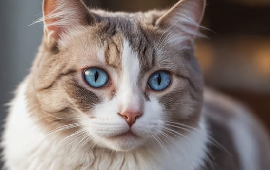 Closeup of a Felidae cat with blue eyes and white fur staring at the camera. Its whiskers twitch as it gazes out the window, showcasing its carnivorous nature