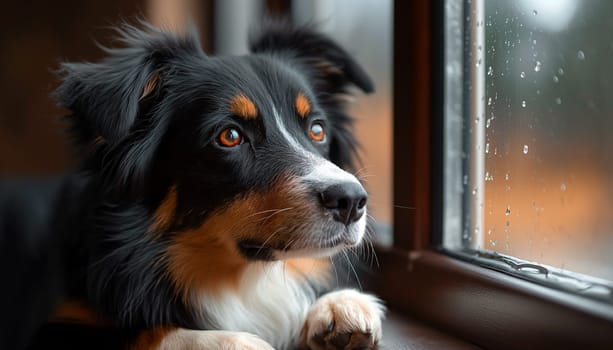 Thoughtful dog with paws on window, gazing outside at rain, inside cozy home, watching raindrops.