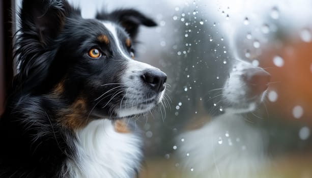 Thoughtful dog with reflection in window on a rainy day, waiting and looking outside with melancholy