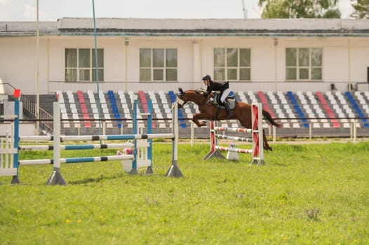 A young girl goes in for horse riding. A horse jumps over a barrier