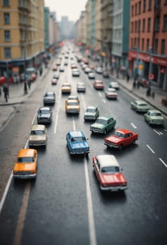 A fleet of vehicles is moving along the asphalt road in the urban neighborhood, passing by buildings and illuminated by automotive lighting