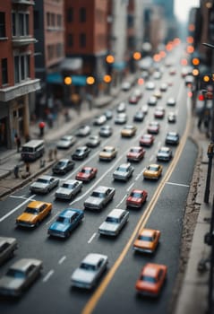 A convoy of motor vehicles navigating through the cityscape of buildings and infrastructure along the asphalt thoroughfare in the urban neighborhood