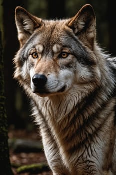 The penetrating gaze of a wolf through the camera lens highlights the essence of wilderness and predation.
