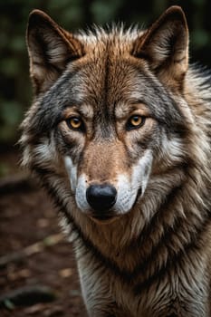 A wolf in its natural habitat locks eyes with the camera, showcasing its intense and focused gaze.