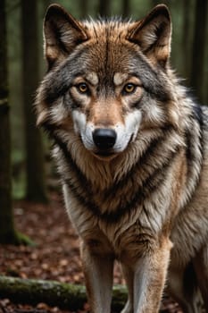 A wolf in its natural habitat locks eyes with the camera, showcasing its intense and focused gaze.