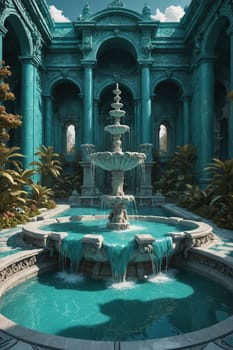 Immerse yourself in a fairytale with this charming illustration of an aqua castle embraced by verdant plants. Perfect for all creative endeavors.