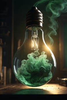 A light bulb unleashes a visual marvel with green smoke spiraling out, blending light with the ethereal.