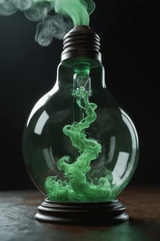 Green smoke engulfs the interior of a light bulb, crafting a visual spectacle that blurs the lines between fantasy and reality.