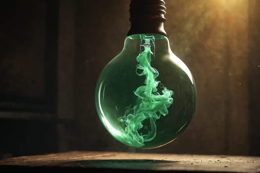 A light bulb encapsulating green smoke floats enigmatically, merging technology with a touch of magic.
