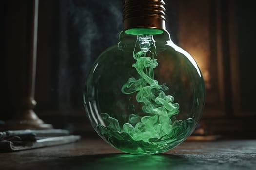 The green smoke within a light bulb creates a mystical scene, reminiscent of tales about enchanted lamps and hidden treasures.