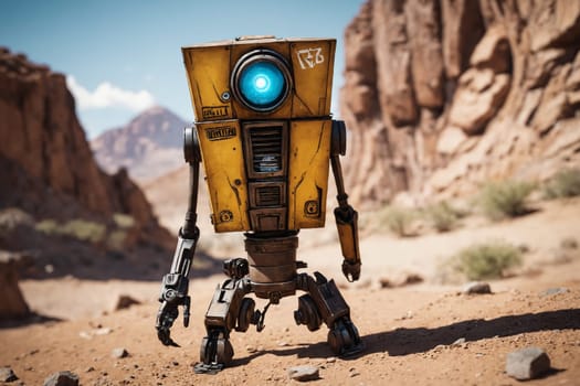 Humanoid robot with large blue eyes embarks on an exploratory mission in a vast desert.