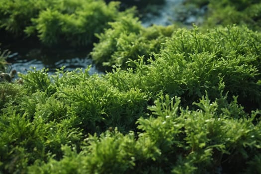 This image reveals a dense spread of rich green moss basking in sunlight. Close view allows the observer to note minute details, such as the tiny water droplets on the leaves, illuminating the vibrant hue and emphasizing the freshness and liveliness of the flora.