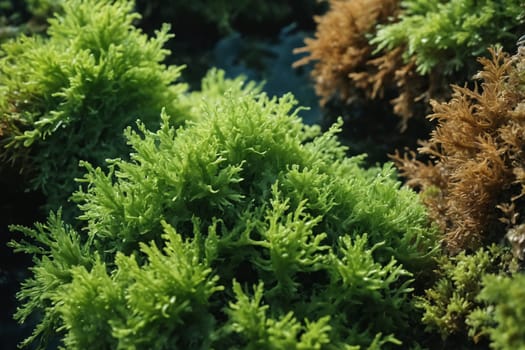 Taking aesthetic pleasure in the little things, this image captures the vibrant, sunlit moss in an extreme close-up. Tiny, glossy droplets of water sparkle amid the intricate leaves, creating a rich, textured tapestry of lush green.