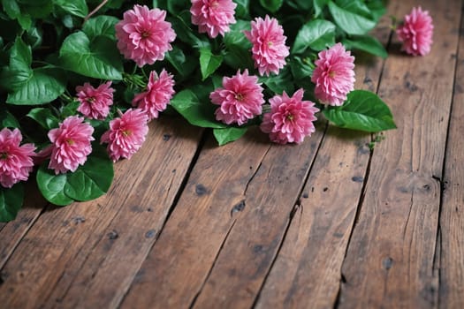 A fresh bouquet of pink flowers with lush greenery rests atop a textured wooden table, exuding rustic elegance.