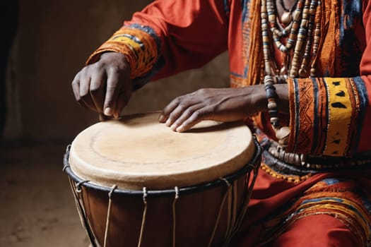 The soulful rhythm of Africa captured as hands play the djembe, enveloped in rich cultural garments.