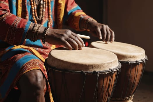 Hands skillfully beat a djembe drum, adorned in vibrant African attire, against a warm, dark backdrop.