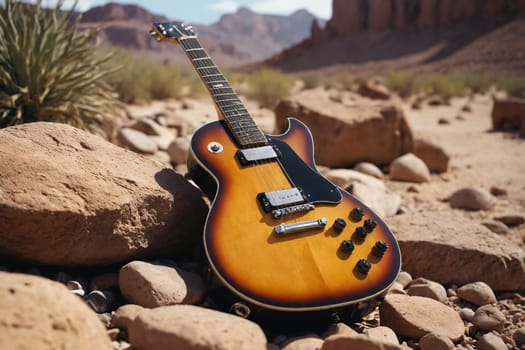 Electric sunburst guitar lies on a rugged desert bed, with towering rock formations under a clear blue sky.