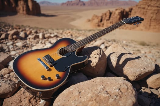 Amidst a desert's vastness, a solitary guitar on the rocks strikes a chord with the wild landscape.