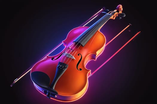 The intricate details of a violin and its bow highlighted by captivating purple neon lighting.