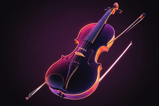 The intricate details of a violin and its bow highlighted by captivating purple neon lighting.