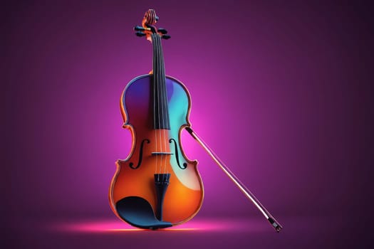 A violin and bow stand out in a mesmerizing violet aura, symbolizing the fusion of music and light.