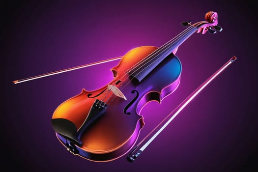 Striking close-up of a violin under a wash of neon purple light, creating a visually electric effect.