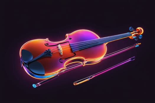 The intricate details of a violin and its bow highlighted by captivating purple neon lighting.