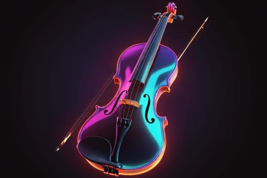 Striking close-up of a violin under a wash of neon purple light, creating a visually electric effect.