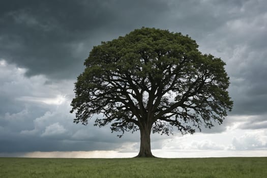 A single tree in a sea of grass prepares for a storm under ominous clouds in solitude.