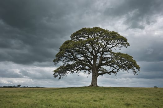 Lone tree in expansive green field, overshadowed by the dramatic onset of stormy weather.