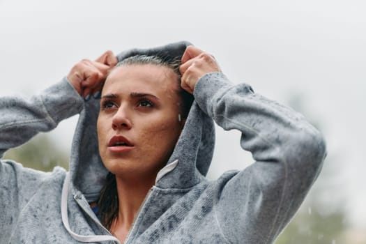 A determined woman finds solace in the rain as she rests after an intense run, embracing the rejuvenating rhythm of the falling raindrops