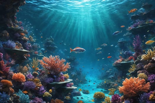 The scene captures a vibrant display of coral reef biodiversity under sunlit waters. Perfect for highlighting the beauty and complexity of marine ecosystems.