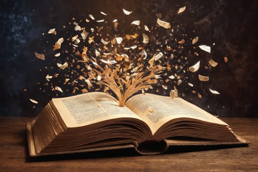 Dive into the world of fantasy and knowledge with this image of an old book stirring up a whirlwind of pages. Ideal for concepts related to literature, wisdom, or timeless beauty.