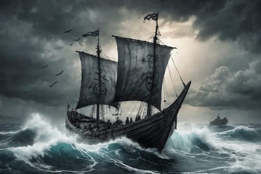 A dramatic image showing an ancient Viking ship boldly navigating through a violent storm at sea. Ideal for topics relating to resilience, history, or maritime adventures.