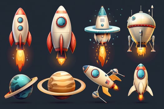 A cartoon illustration of colorful rockets flying through space with planets and stars.